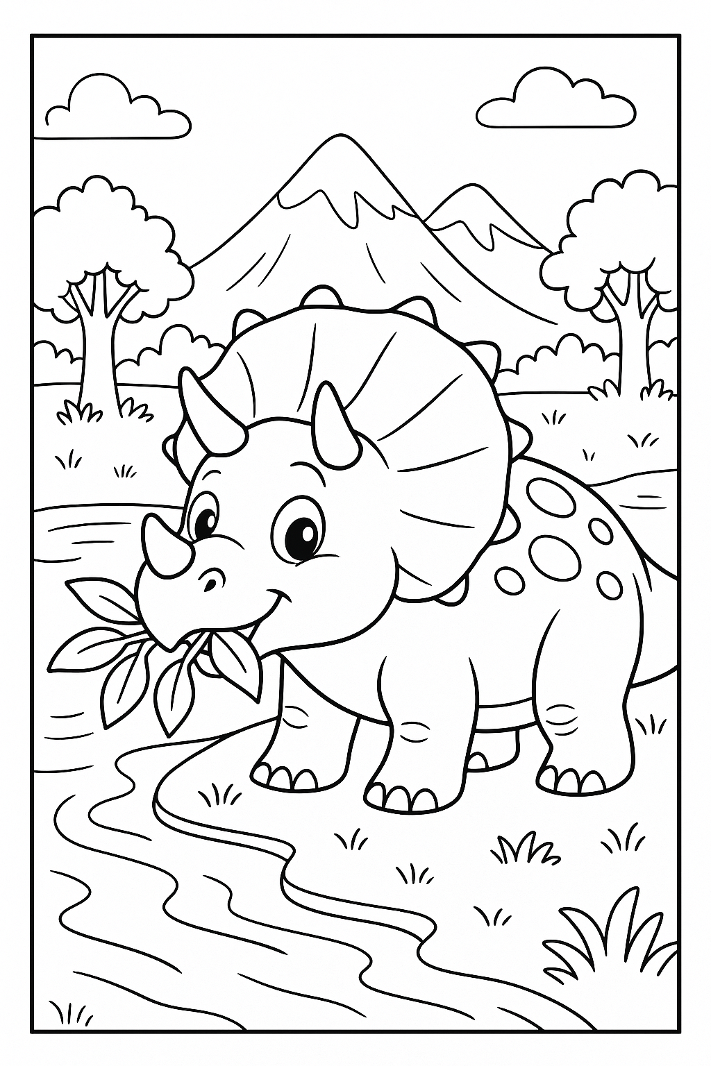 Triceratops Eating Leaves - Free Dinosaur Coloring Page