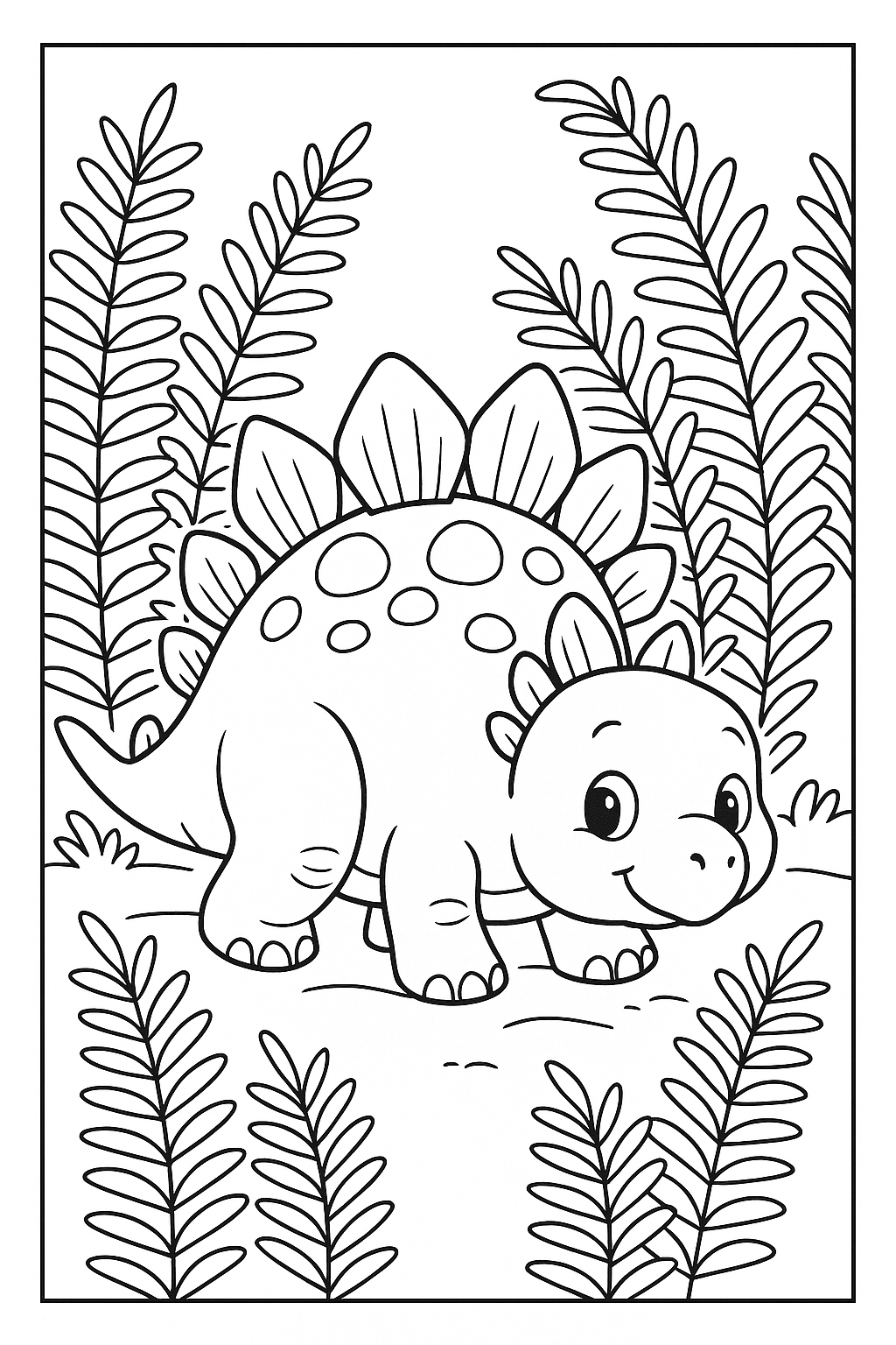 Baby Stegosaurus in Ferns - Free Dinosaur Coloring Page