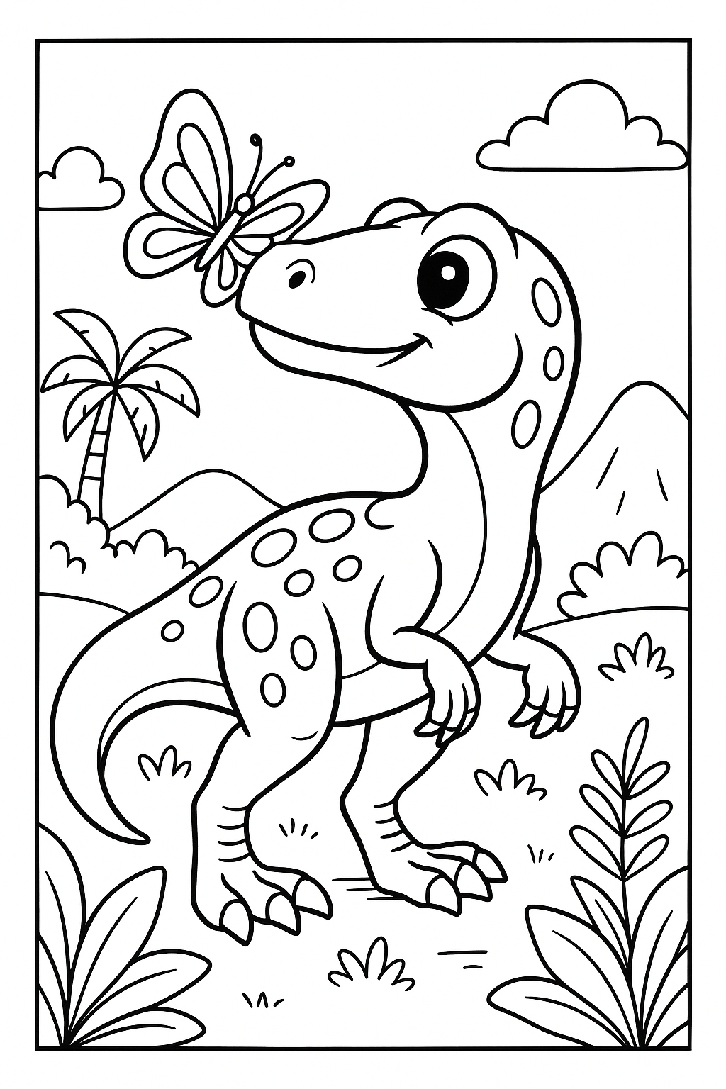 Raptor with Butterfly on Its Nose - Free Dinosaur Coloring Page
