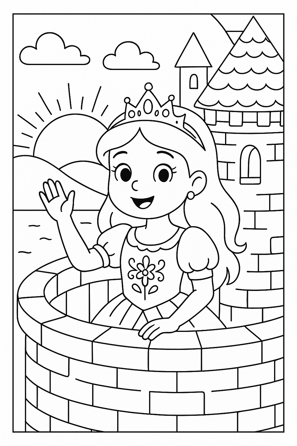 Princess on Castle Balcony - Free Coloring Page