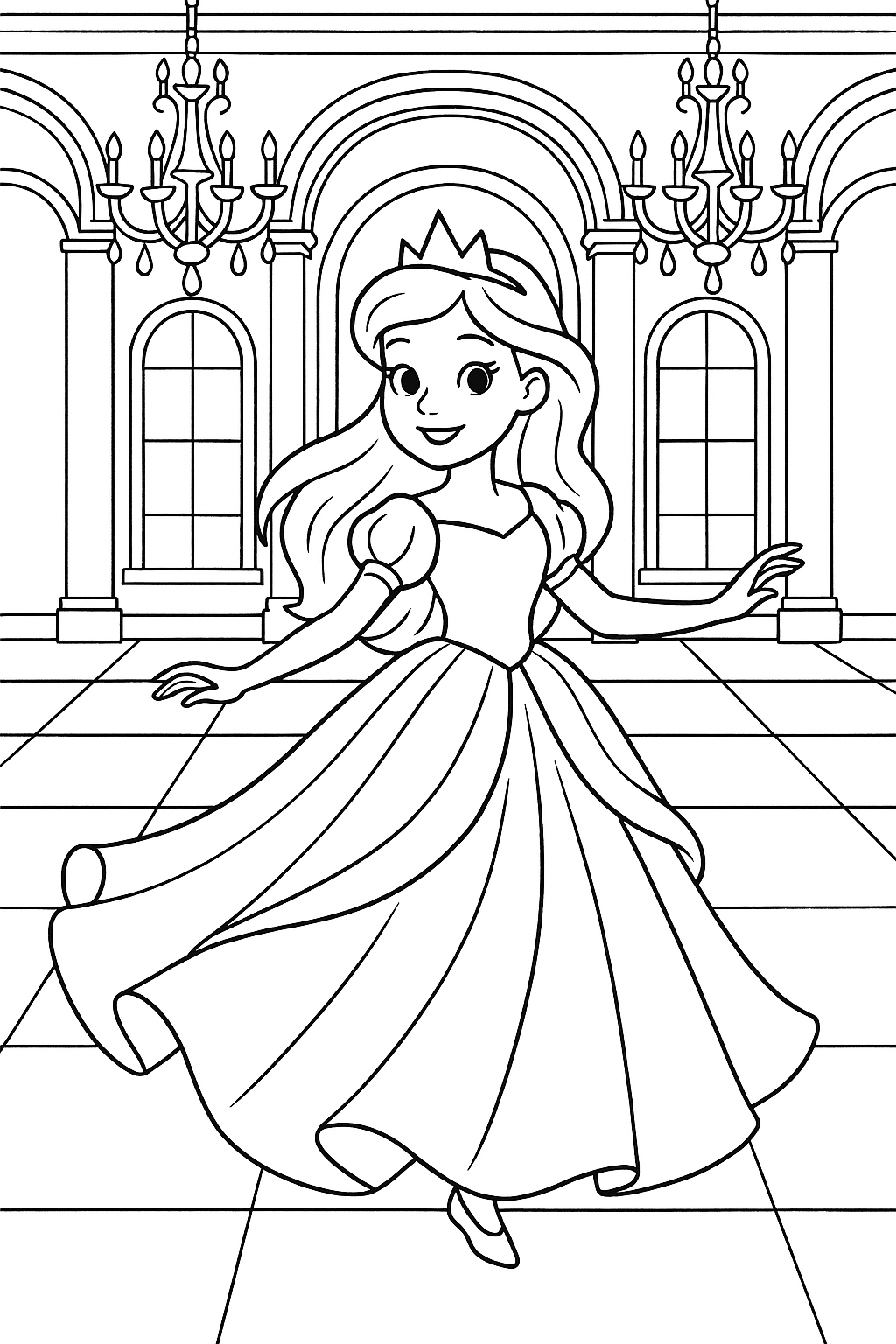 Princess Dancing in Ballroom - Free Coloring Page