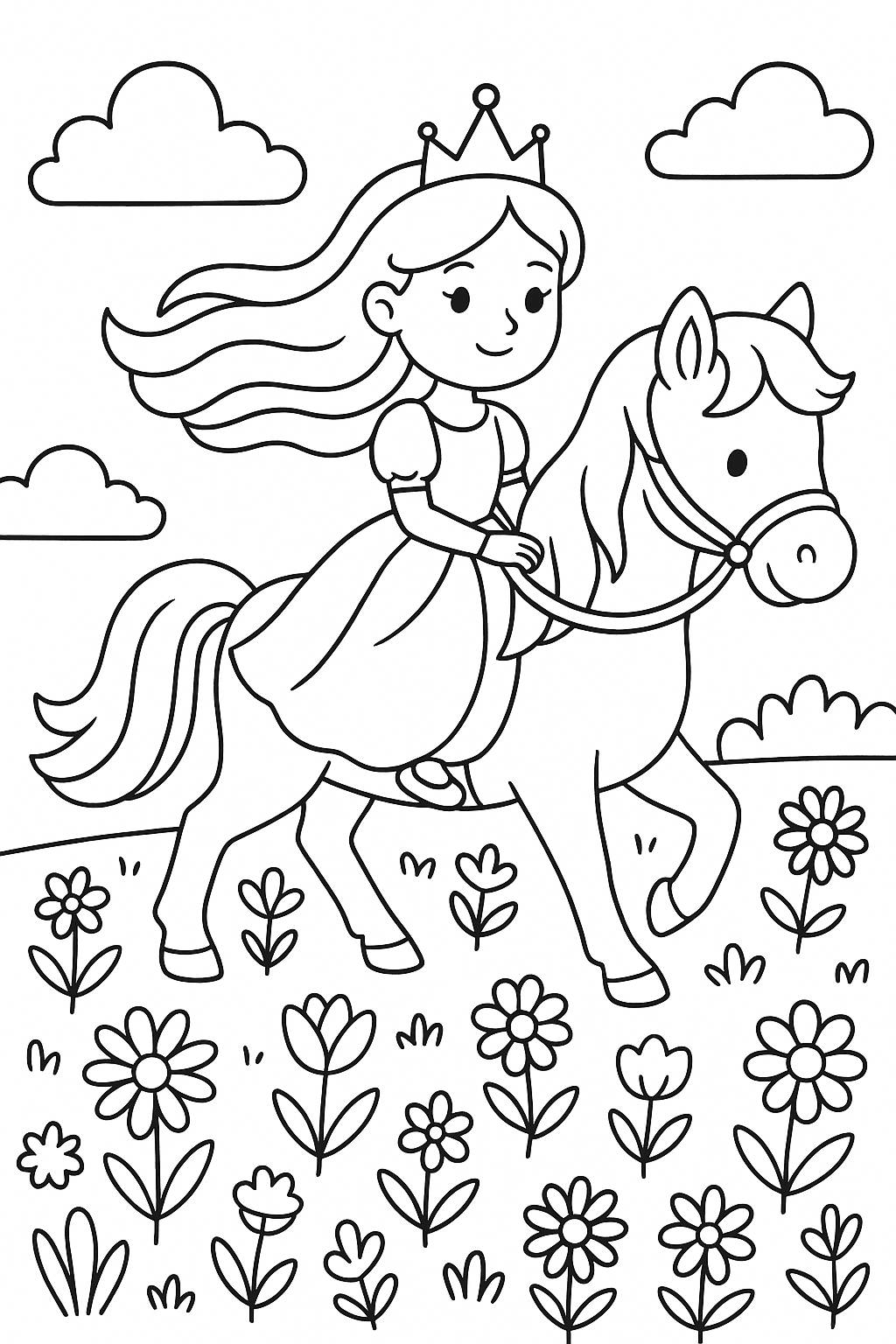 Princess Riding a White Horse - Free Coloring Page
