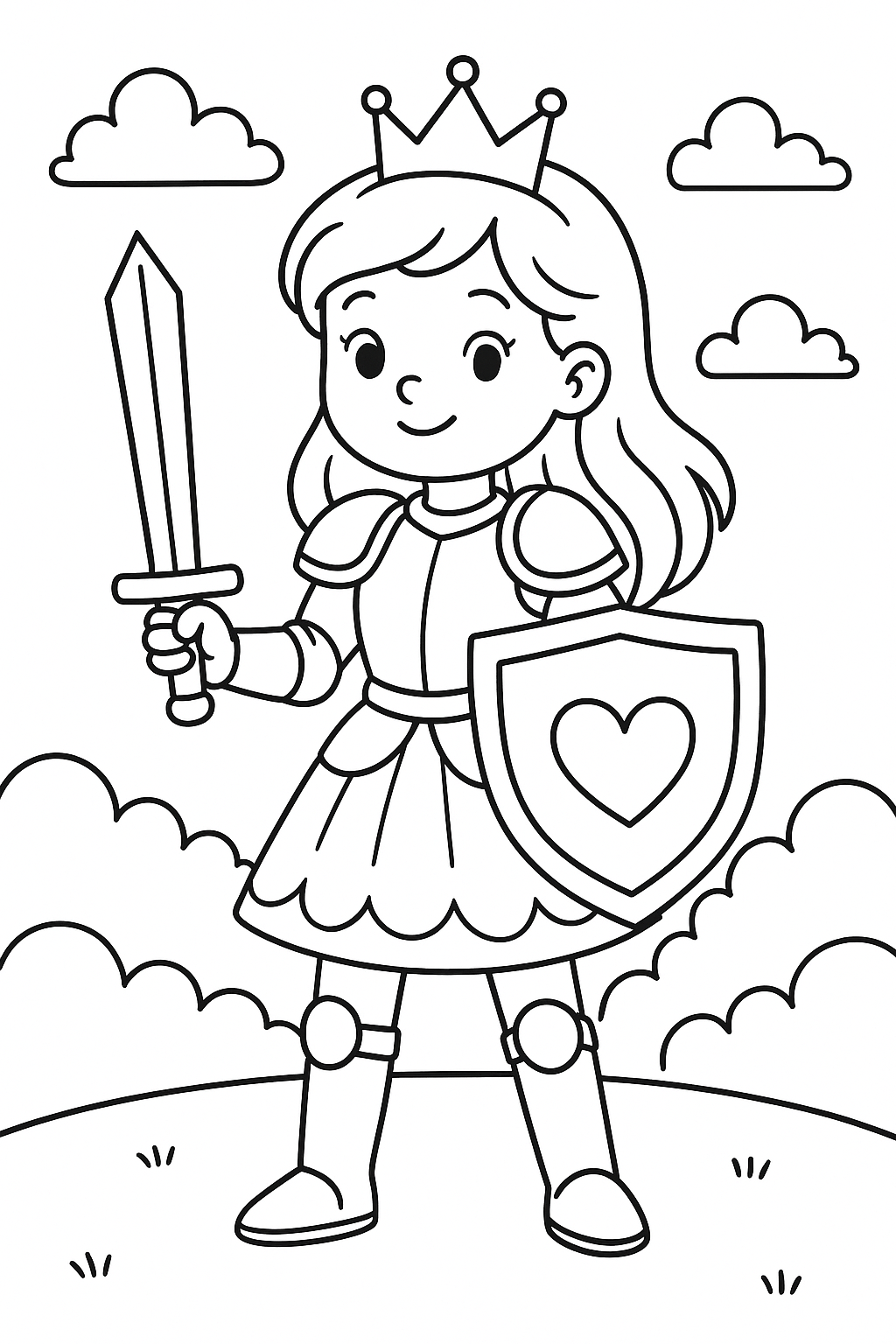Princess in Armor with Sword - Free Coloring Page