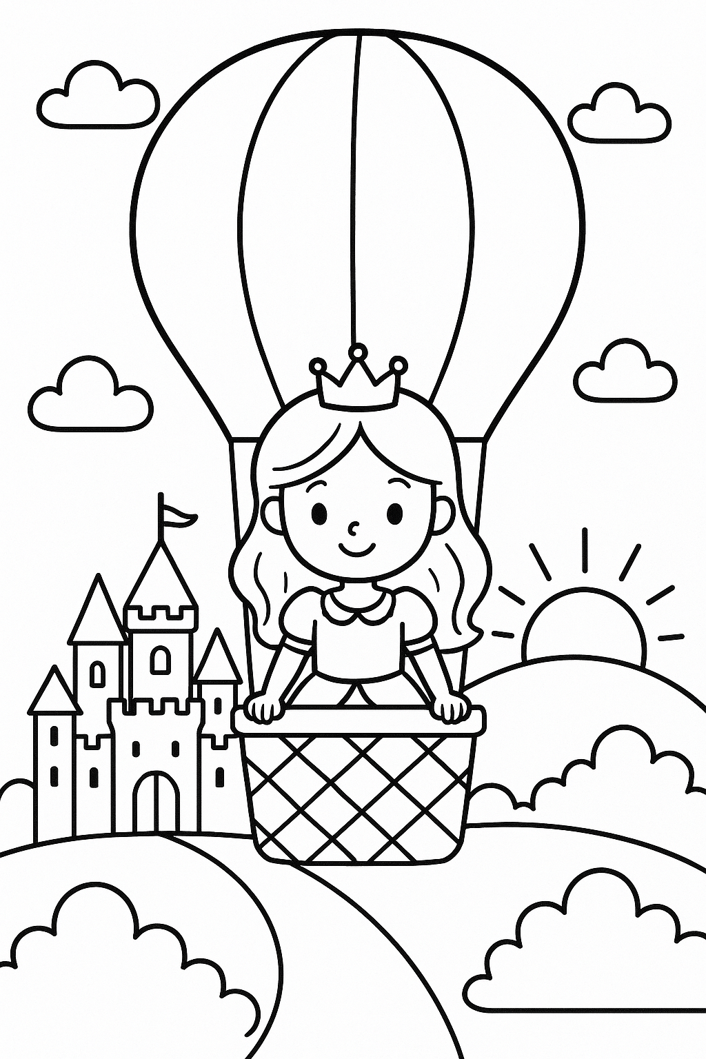 Princess in a Hot Air Balloon - Free Coloring Page