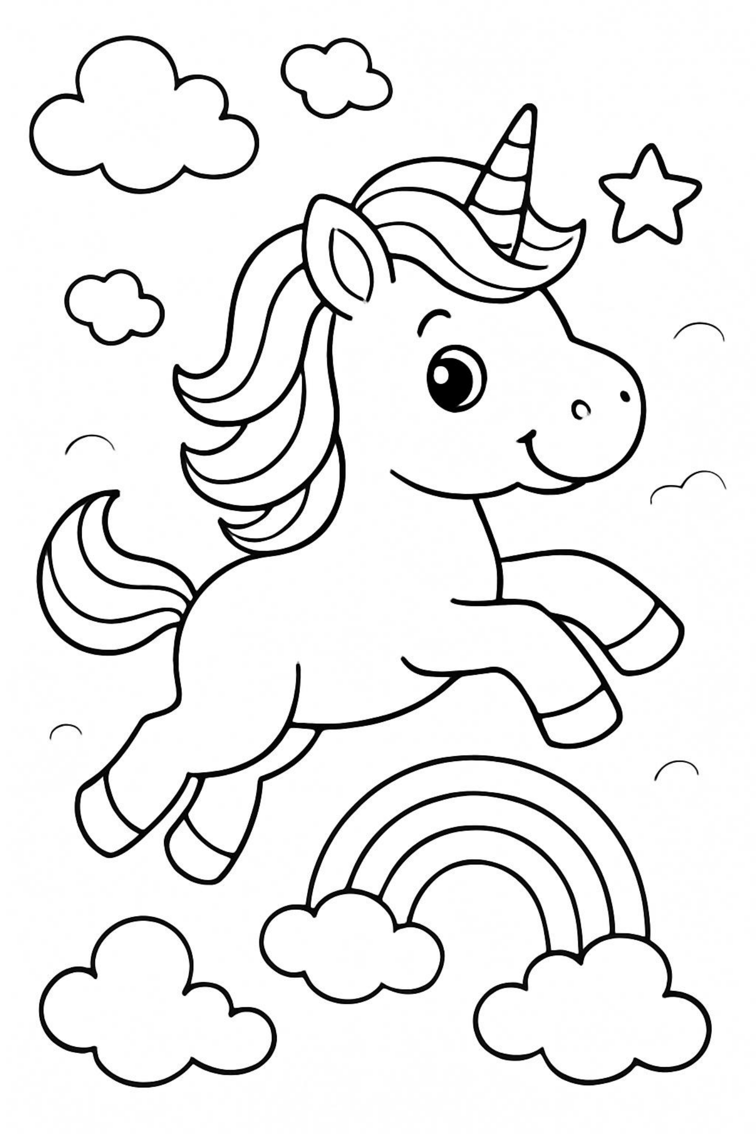 Unicorn Jumping Over a Rainbow - Free Coloring Page