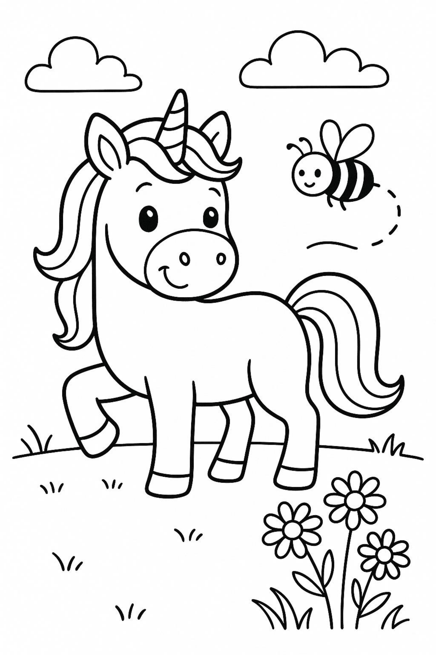 Unicorn in a Flower Meadow - Free Coloring Page