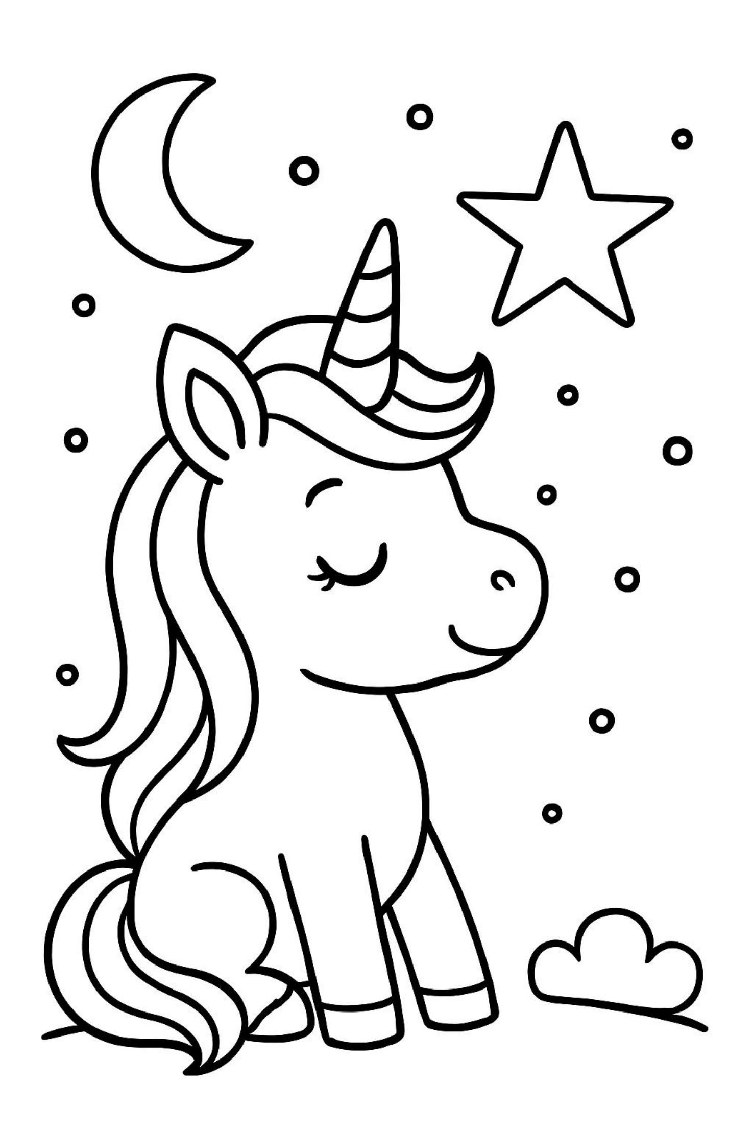 Unicorn Under the Moon and Stars - Free Coloring Page